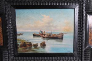 Antique early 20th-century oil on board painting, marine scene “Fishermen” P. Barucci Rome. Size 58 x 52 cm.
